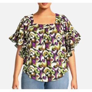 Terra & Sky multicolor Top peasant blouse 4X (28W-30W flutter sleeve square neck